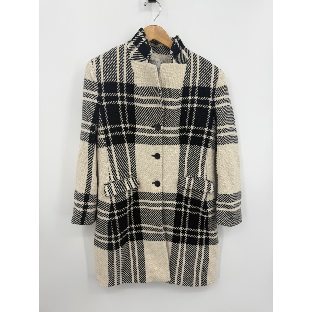 Jones New York Plaid Wool Blend Coat Women 8 Cream Black Funnel Neck Car Coat